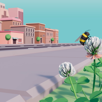 Animation of a bee on a flower across some buildings