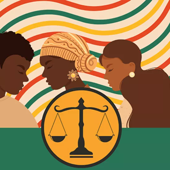 Digital graphics of Black people. In the center are weighing scales of justice
