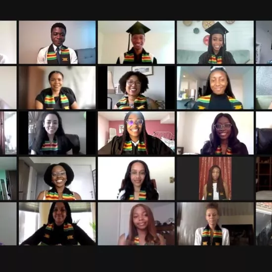 Screenshot of 25 graduates wearing their stoles in the 2021 online Black Grad celebration