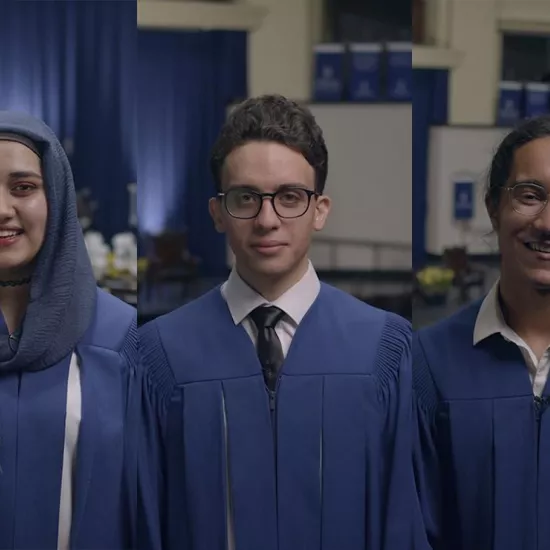 From left to right: Welcome ambassadors Amna Adnan of U of T Mississauga, Khaled Elemam of St. George and Devlin Grewal of U of T Scarborough. All are dressed in UofT signature blue graduation ribes
