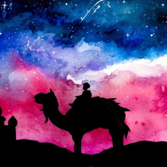 painting of silhouette of person on camel against night sky