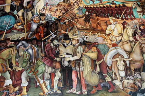 mural artwork by Diego Rivera depicting colonialist history with many individuals in the scene