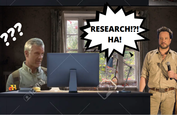 man with three question marks above his head seated at a computer and another man standing with a microphone with the words research!?! ha! between them
