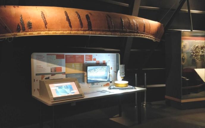 exhibit display with screen and text displays with canoe above it