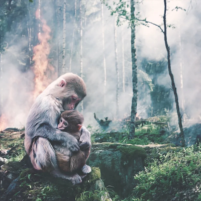 primate parent holding baby surrounded by forest which has some flames and smoke in it