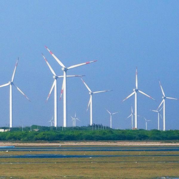 Wind turbines in field against blue sky.