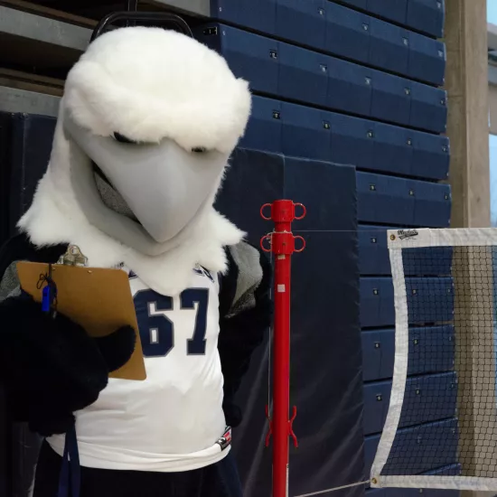 Eagle mascot in gym court holding a clipboard
