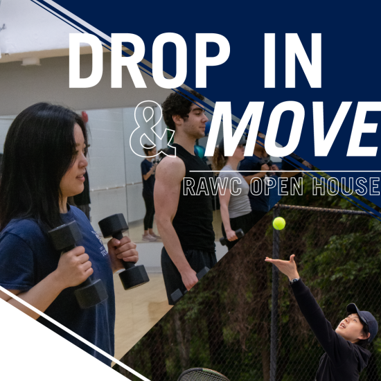 Drop in & Move Banner with a female individual holding weights, female individual prepare a serve in tennis