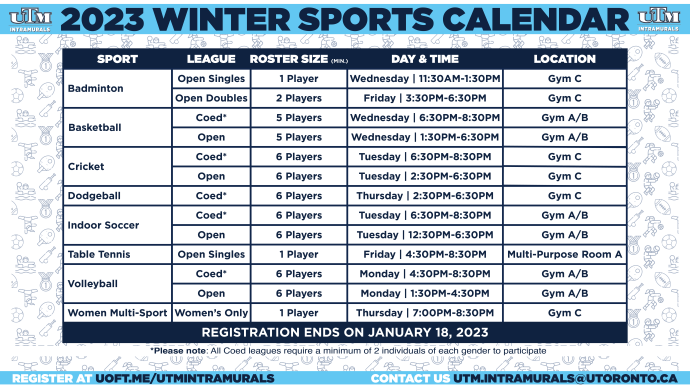 2023 Winter Intramural Sports Calendar