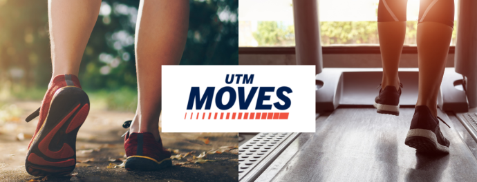 walking on trail and walking on treadmill with UTM Moves logo