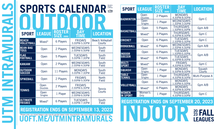 2023-2024 UTM Intramurals Sport Calendar