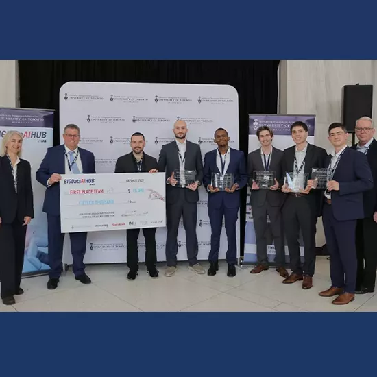 2024-25 First Place Team with Scotiabank's Mirela Gondor, Cameron Jones, & Dr. Duncan Smith-Halverson, and IMI's Professor Kevin Yousie