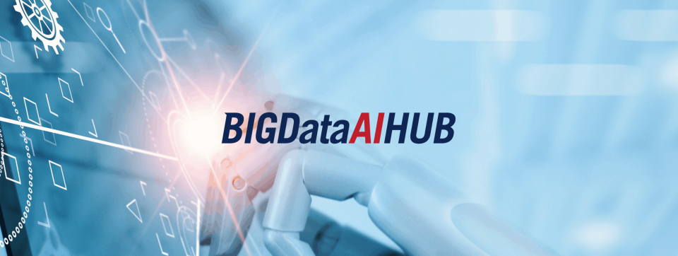 Big data ai hub logo centered on an image of a hand clicking a screen, with holographic designs