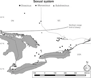 The geographical distribution of monoecious, dioecious, and subdioecious populations of Sagittaria latifolia