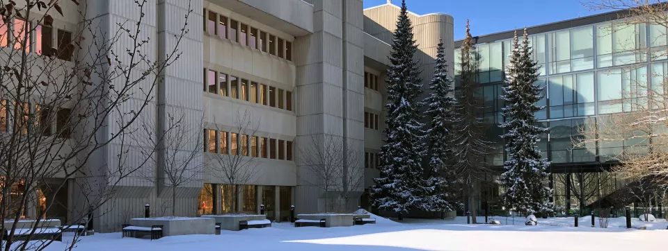 Exterior of Davis building, surrounded by snow on a sunny winter day