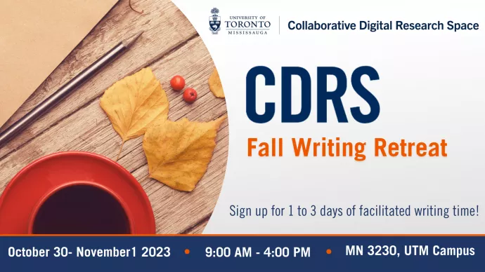 event poster with orange and navy blue writing with an orange coffee cup, leaves, and a notebook and pen.