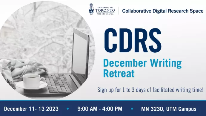 Poster for fall writing retreat featuring light blue writing on a white background and a black and white photo of a laptop with a coffee cup with winter landscape in the background.