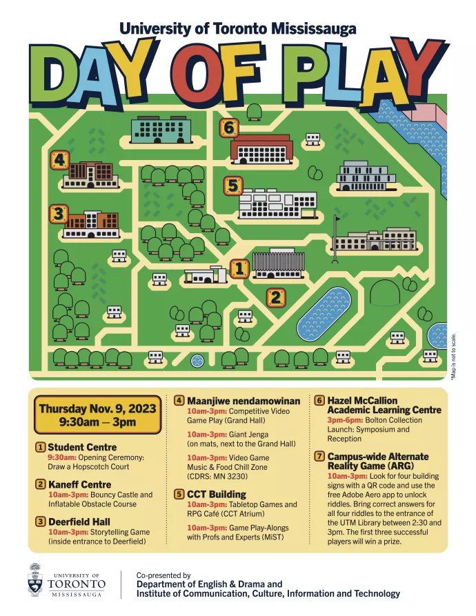 Drawn map of campus showing where all Day of Play events will be occurring
