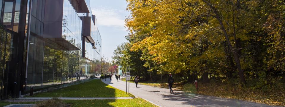 Students walking in front of the CCT building in the fall season