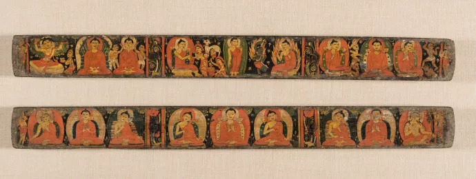 Pair of Buddhist Manuscript Covers: Scenes from the Buddha's Life, Buddhas with a Bodhisattva 