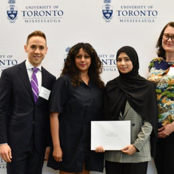 Professor Nick Rule (VPAD), Professor Sarah Sharma, award-winning student Alina Rizwan, and Professor Alex Gillespie (VPP)