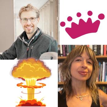 Graphic for August VIEW to the U podcast: Professor Andreas Hilfinger is in the upper-left corner and Professor Meghan Sutherland is in the lower-right corner; the upper-right corner has a pink Barbie™ crown, and the lower-left corner has a graphic of a bomb.