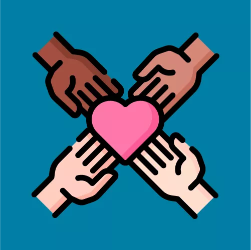 Icon of multi-cultural hands holding a heart to illustrate inclusion and diversity