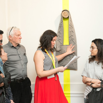 Professor Maria Hupfield talking to visitors – Inaugural Canadidate for ArtworxTO Legacy Artist in Residence (AiR) Program