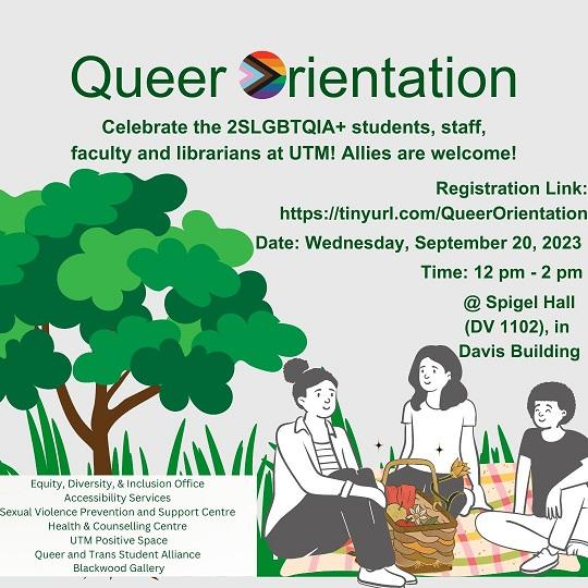 Queer Orientation title and event details in green font on light grey background with drawing of green tree on left side and group of 3 people seated on yellow and white checkered blanket around a picnic basket.