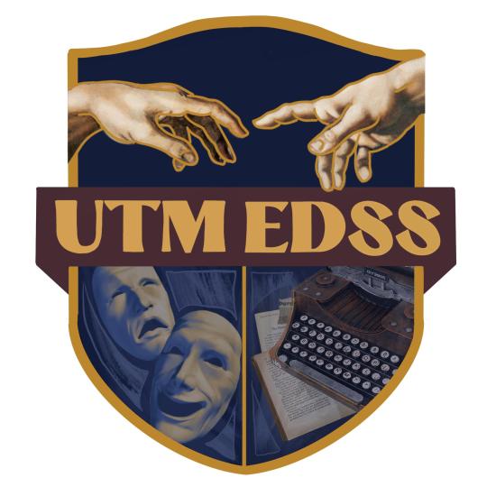 EDSS Logo, Two hands reaching out to touch fingers at the top, Comedy and tragedy theatre masks bottom left and a type writer bottom right. 