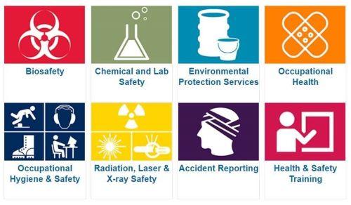   Biosafety; chemical & lab safety; environmental protection services; occupational health; occupational hygiene & safety; radiation, laser, & x-ray safety; accident reporting; and health & safety training.