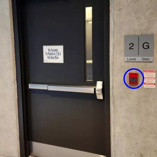 Building Exit door with Pull Station marked in blue