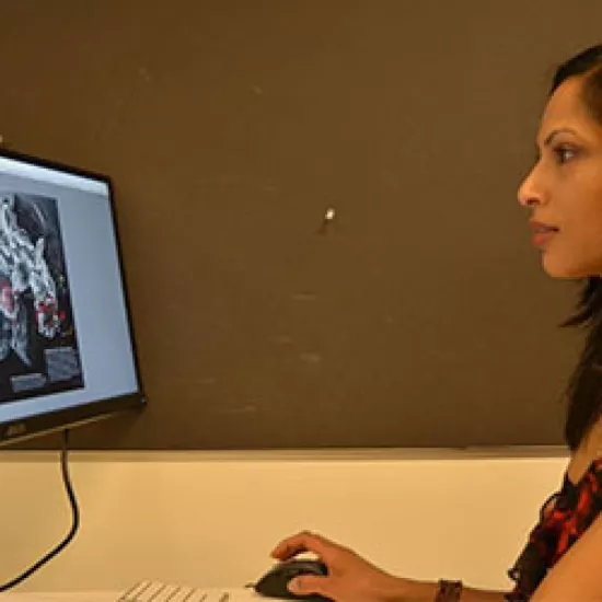 A female student at a computer working with a biomedical animation