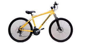 A photo of the yellow mountain bike on a white background.