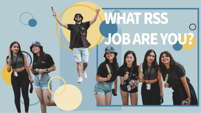 Photo with cutouts of our student staff and text that reads "What RSS job are you"