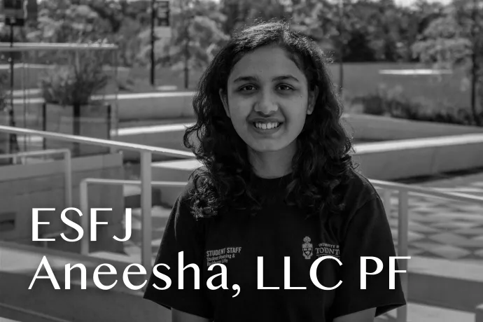 Headshot of Aneesha with text reading "ESFJ Anessha, LLC PF"