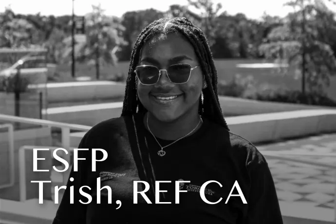 Headshot of Trish with text reading "ESFP Trish, REF CA"