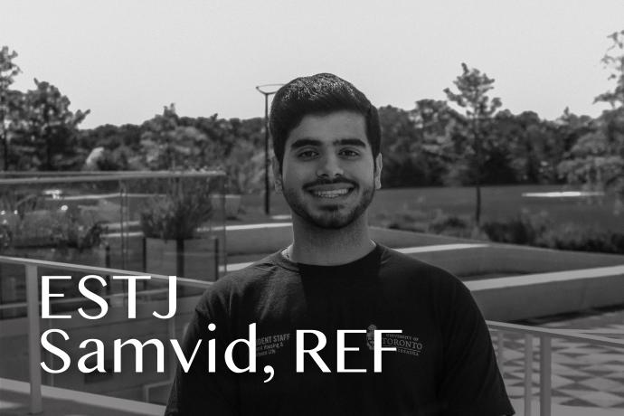 Headshot of Samvid with text reading "ESTJ Samvid, REF"
