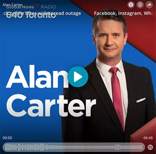 Screenshot of Prof.Brett Caraway's audio interview with Global News anchor Alan Carter