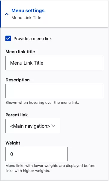 Screenshot of basic page menu settings