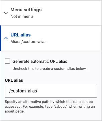 Screenshot of basic page url alias settings