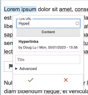 Screenshot of link tool adding internal links