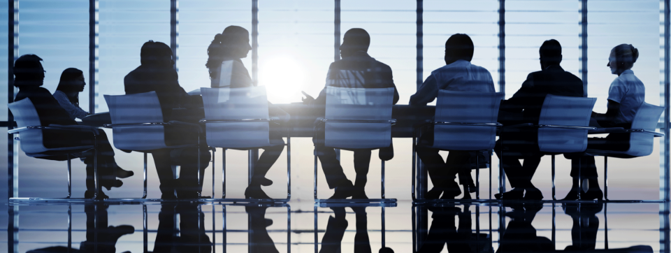 silhouettes of people sitting around board room table