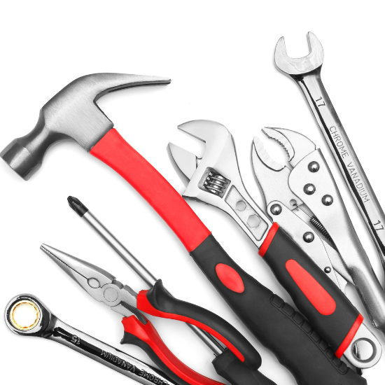 Set of hand tools with red handles