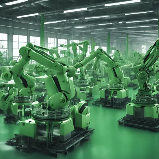 robots in a factory with a green tint