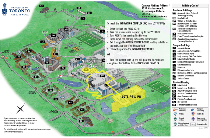 UTM Campus Map with Directions to the Innovation Complex from Parking Lots P4/P8