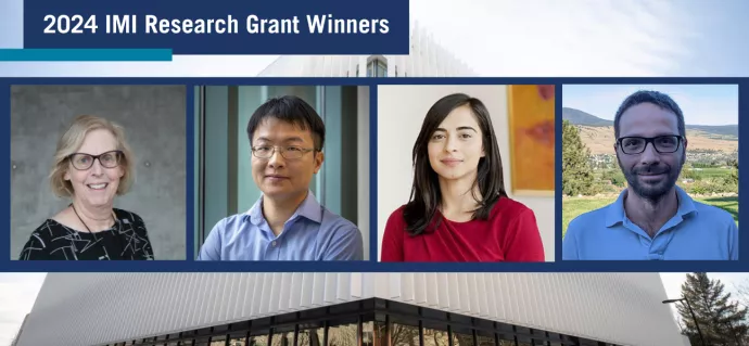 four award winners on a blue background in front of a photo of the innovation complex