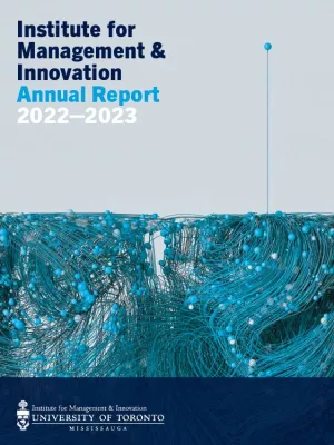 blue cover of annual report with blue wires and a gray background