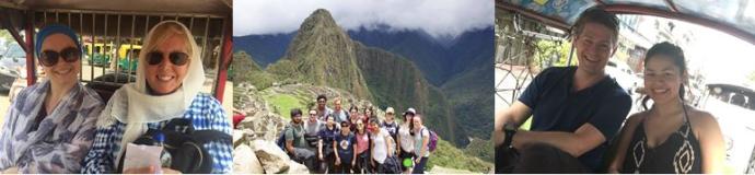 Photos of students with faculty and staff in India, Peru, and Thailand.