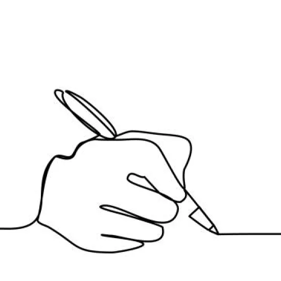 A line drawing of a hand holding a pen.